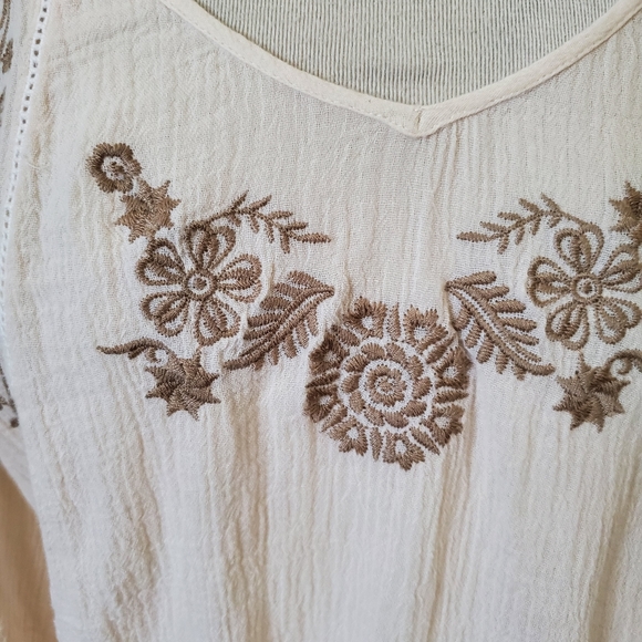 Soft Surroundings Cream Mocha Cotton Embroidered Tunic Blouse Women's Size M - Picture 2 of 12